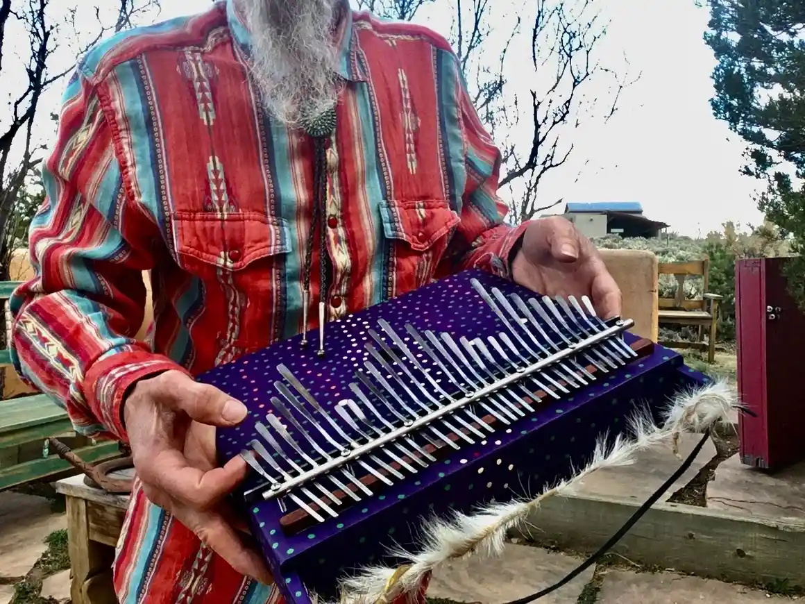 A man with a beard playing a purple accordion.