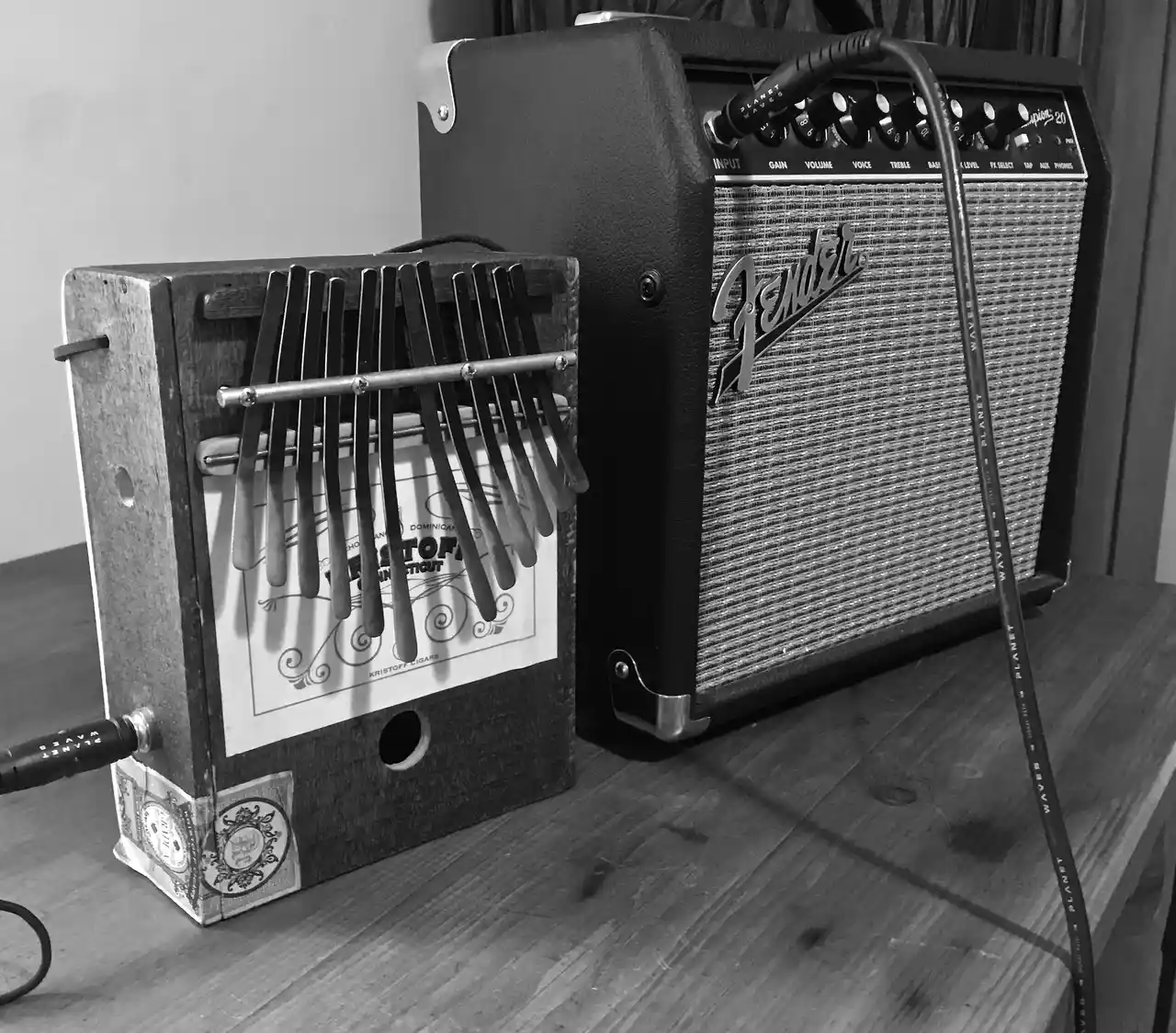 A black and white photo of a lamellaphone accordion on a table.