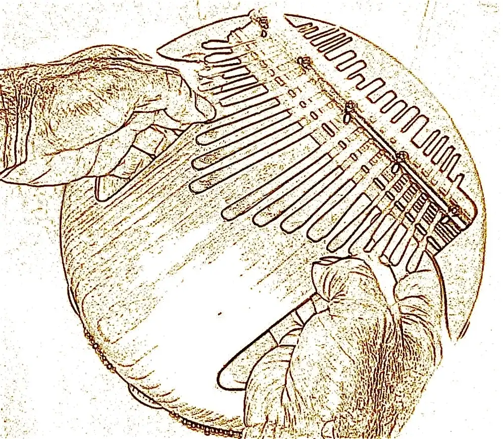 A drawing of two hands holding an African harp instrument, called ilimba.