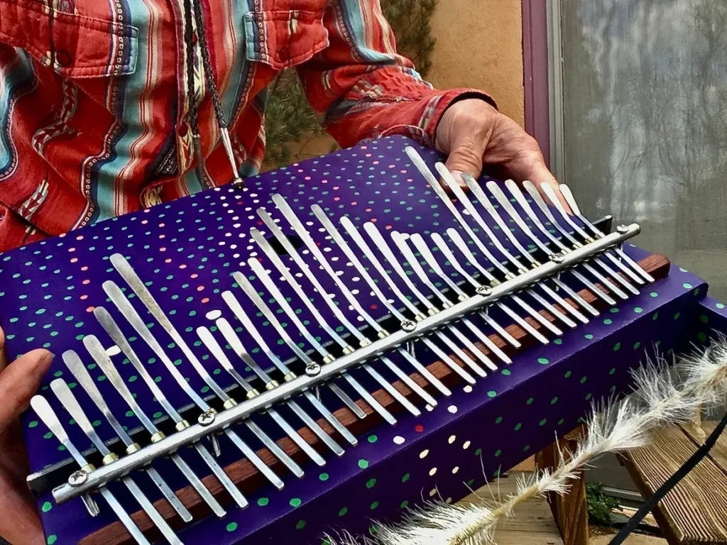 A man is holding a purple Kongoma.