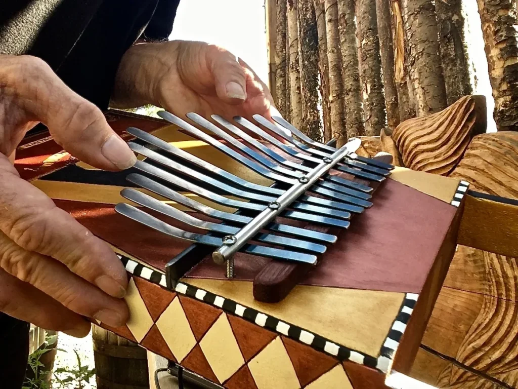 A man is holding a Lamellaphone instrument in his hands.