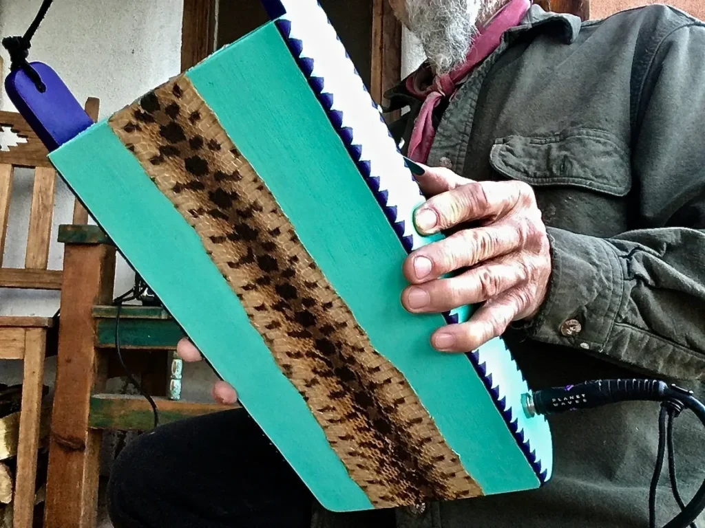 A man playing a Lamellaphone, which resembles a blue and green accordion instrument.