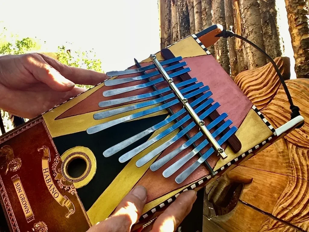 A person playing a Lamellaphone in front of a tree.