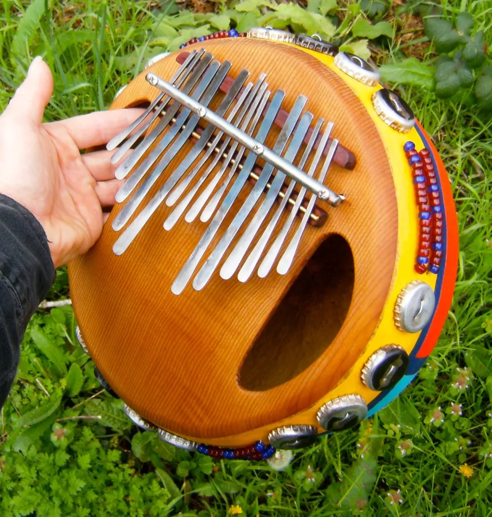 A person holding an Ilimba, a wooden ukulele, in the grass.