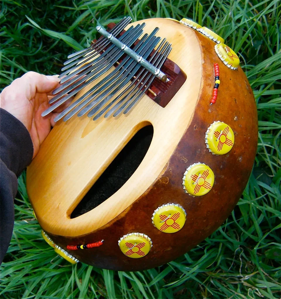 A person playing an African harp in the grass.