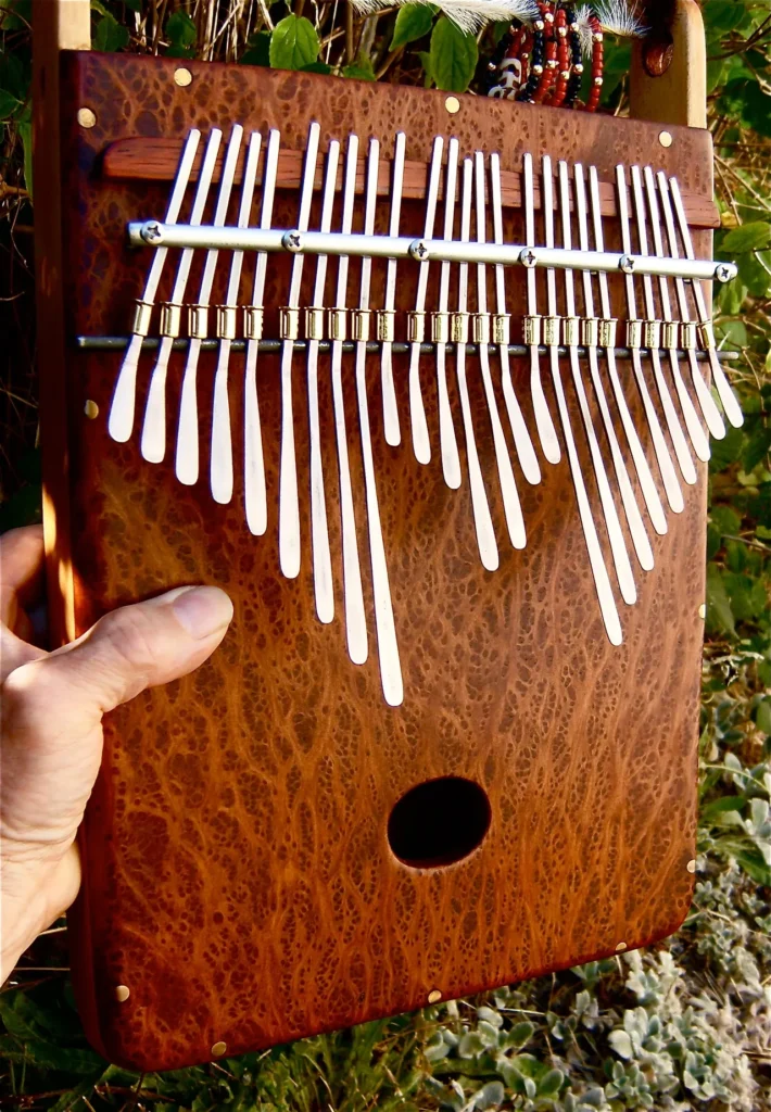 A person holding a Kongoma, a wooden instrument with a lot of tines.