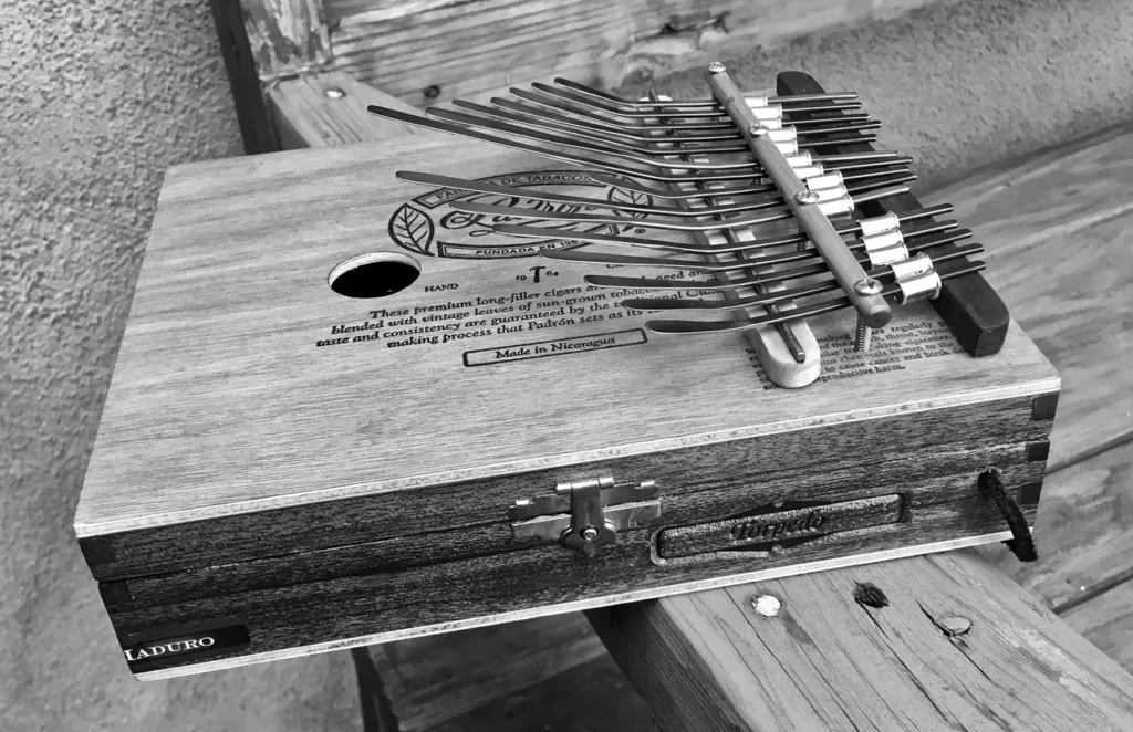 A black and white photo of a wooden box with a lamellaphone inside.