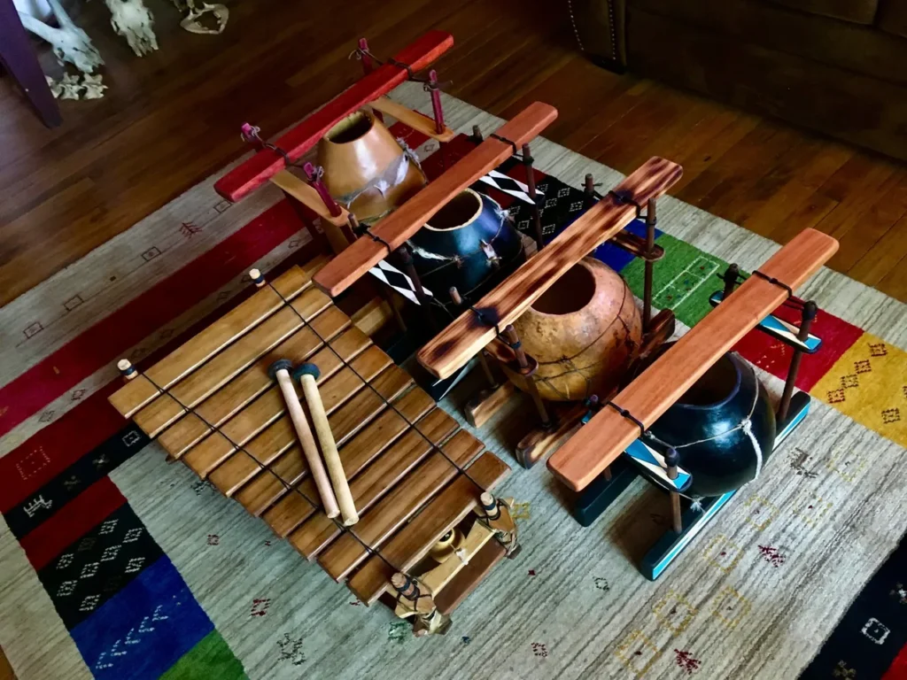 A group of Lamellaphone instruments on a rug.