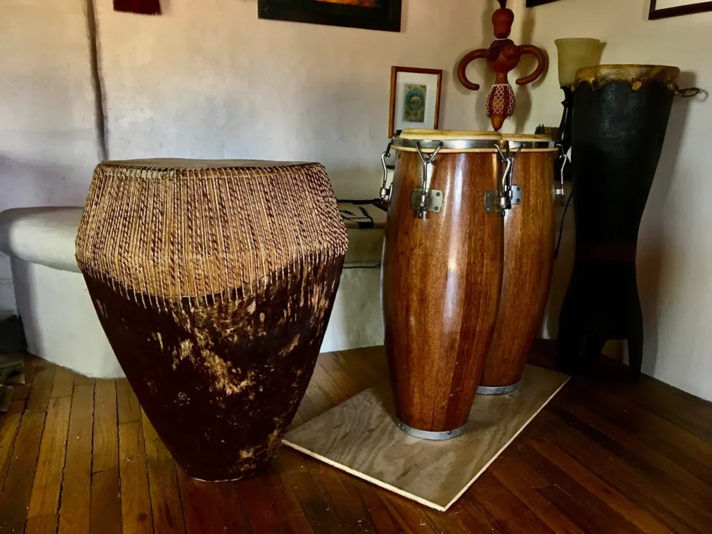 Two kongoma on a wooden floor in a room.