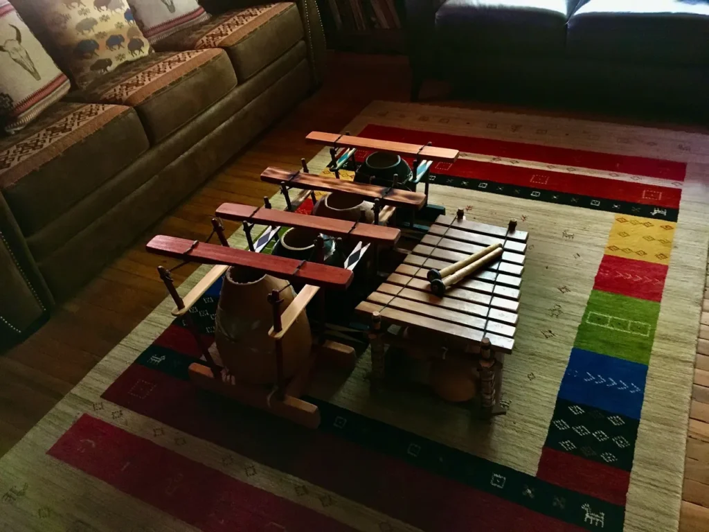 A living room with a drum set on the floor, featuring gourd instruments.