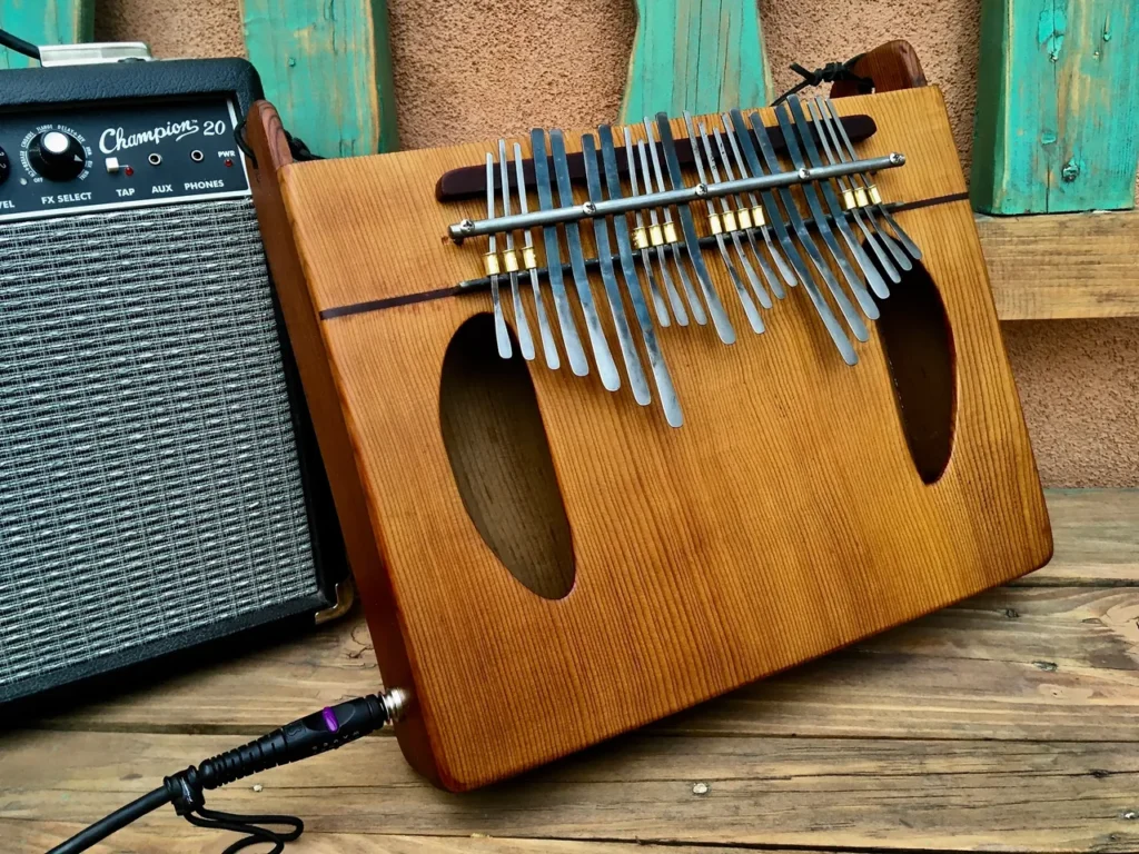 A gourd instrument is sitting on a wooden table next to a guitar amp.