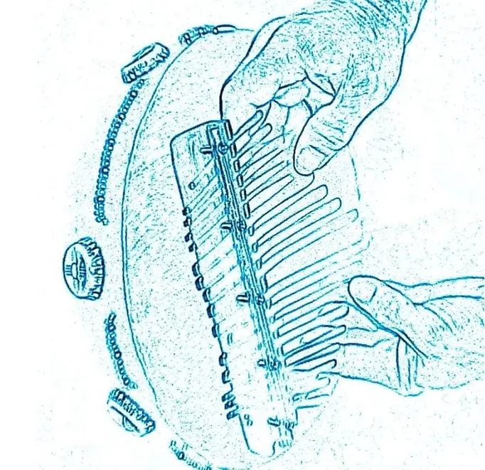 A drawing of a person holding a harmonica featuring an African drum in the background.